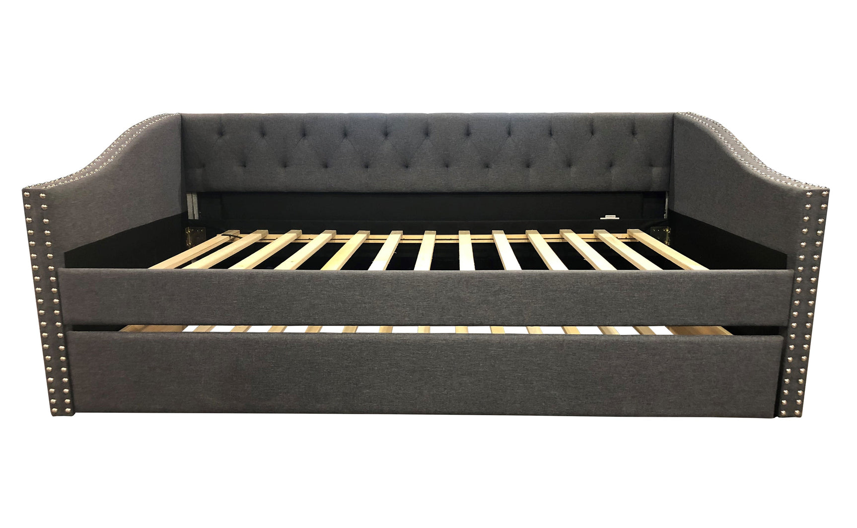 Close-up of tufted upholstery on Loretta Gray daybed