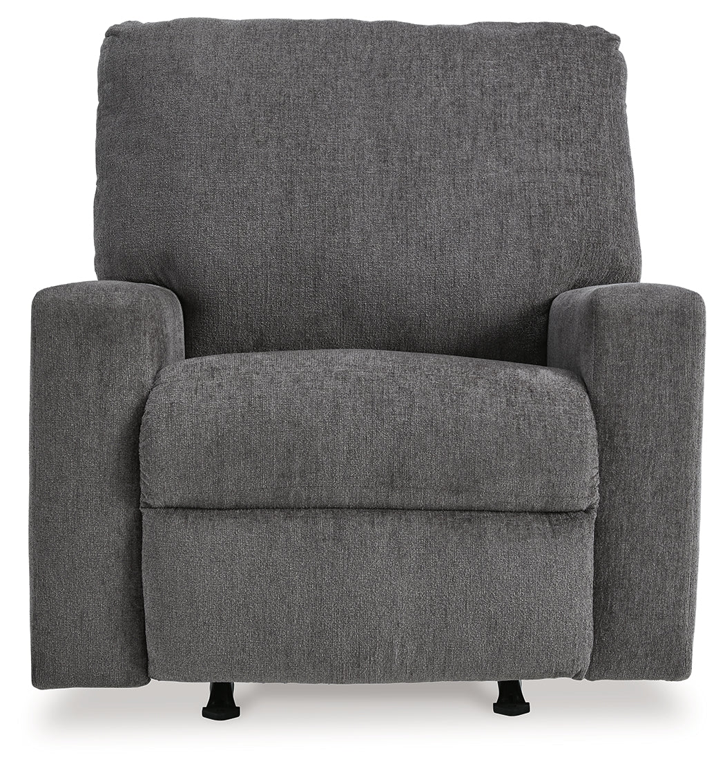Front-facing view of Rannis Pewter Chenille Recliner