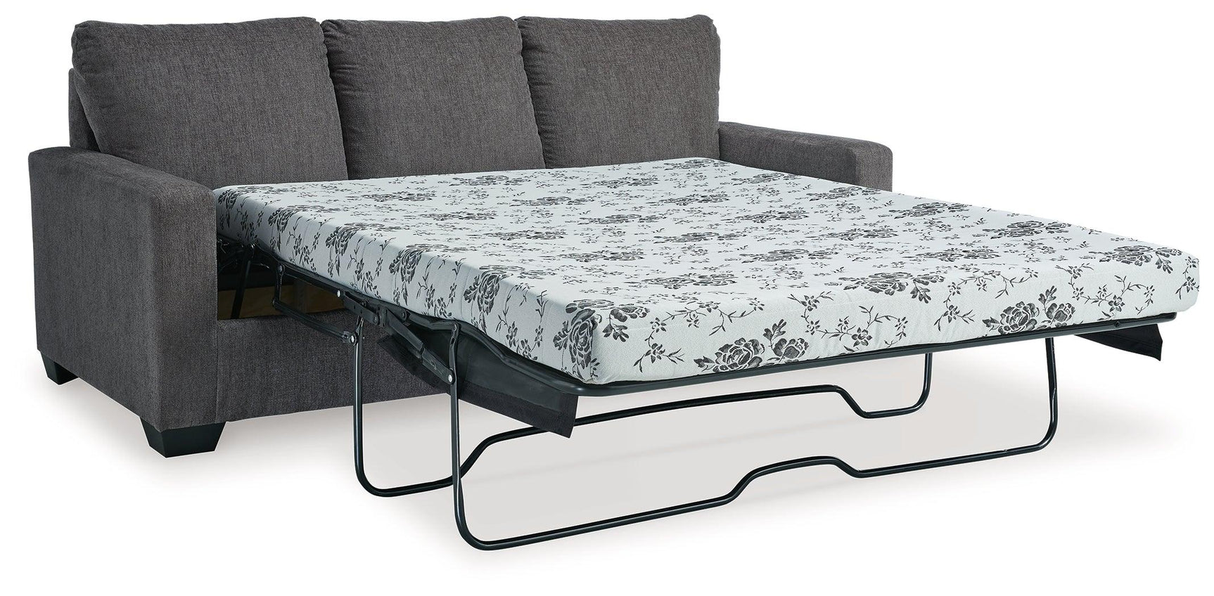 Rannis Pewter Chenille Queen Sofa Sleeper open with mattress visible