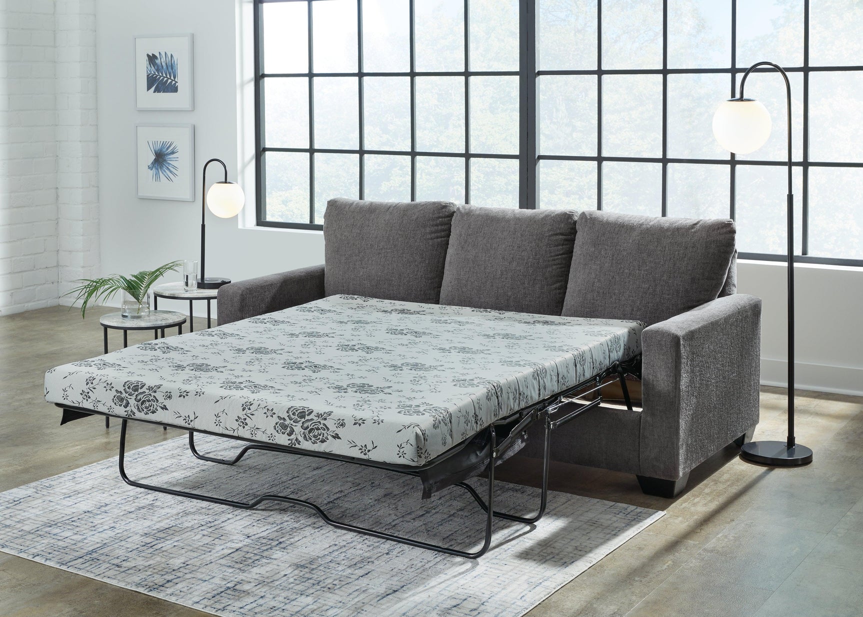 Rannis Pewter Chenille Queen Sofa Sleeper open angled view