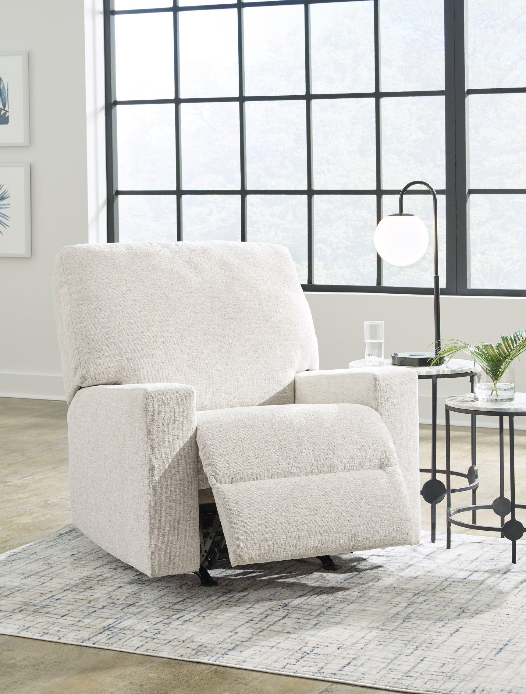 Fully reclined view of Rannis Snow Chenille Recliner chair