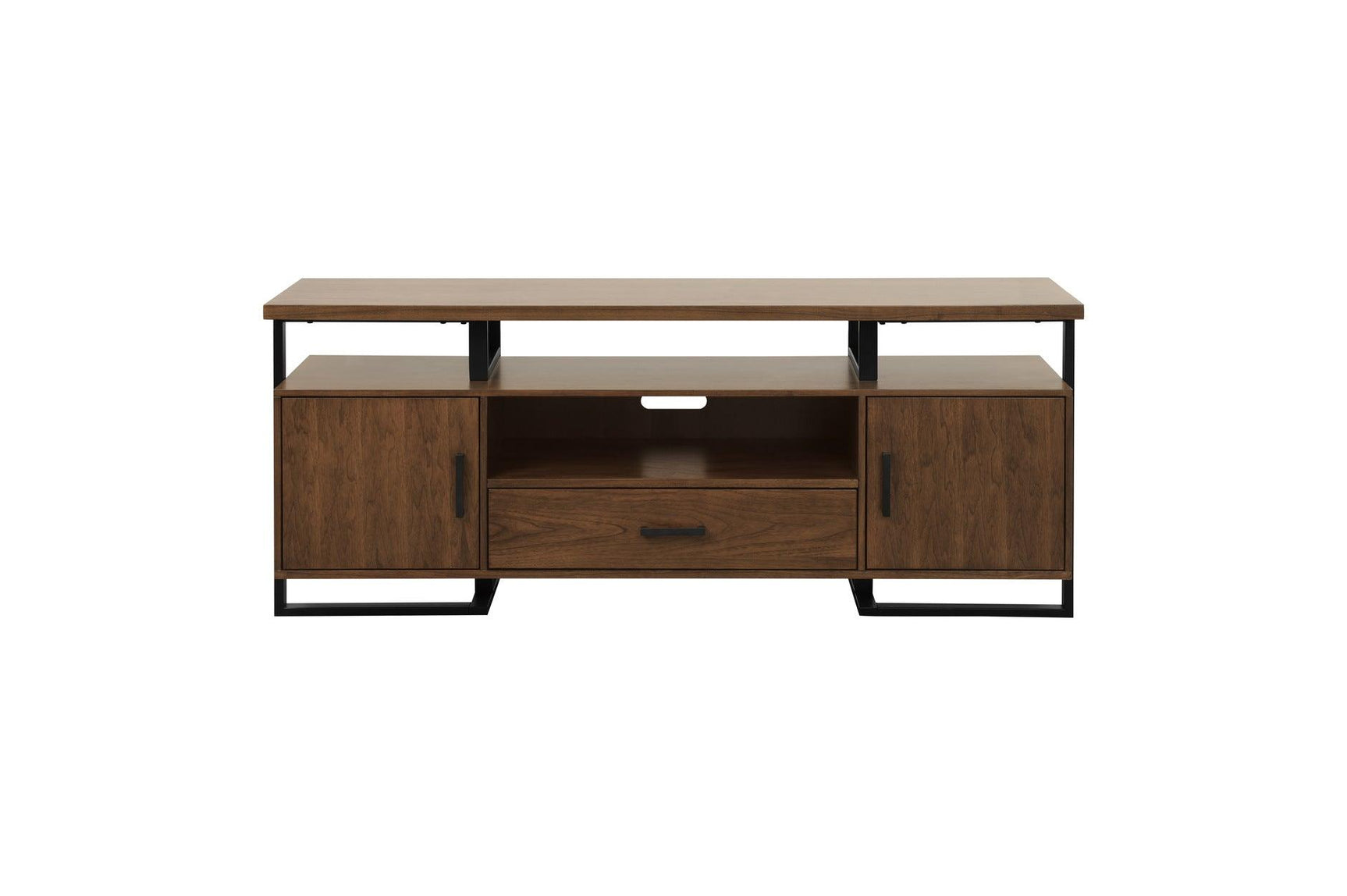 Sedley TV Stand Side View with Dark Walnut Veneer and Metal Accents