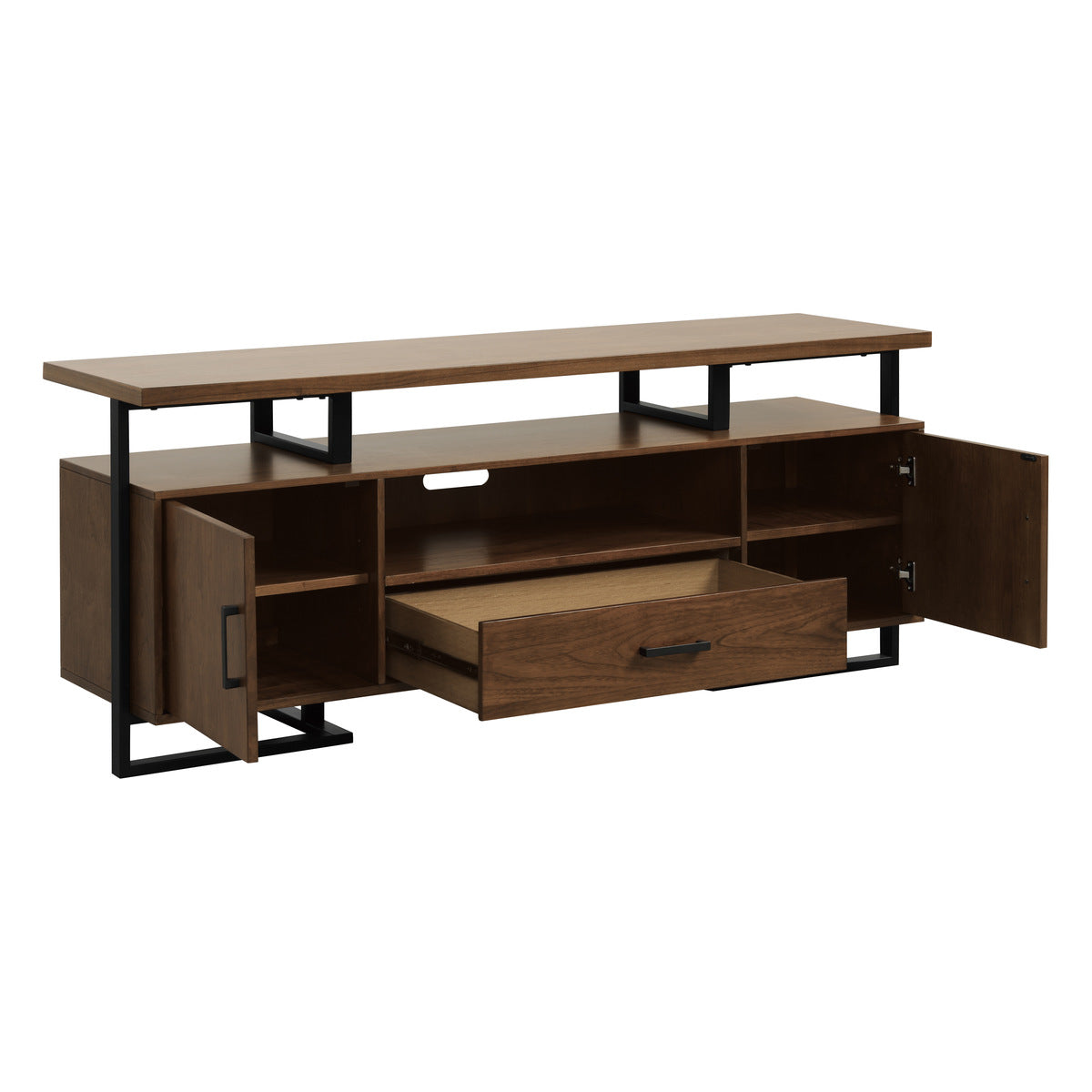 Sedley 68-Inch Walnut TV Stand open shelving and drawer