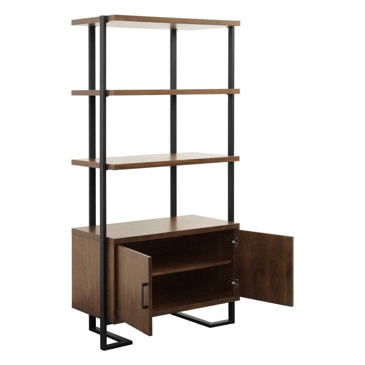 Open storage cabinet inside Sedley Bookcase showing adjustable shelf