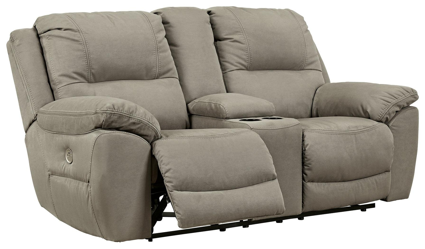 Next-Gen Gaucho Putty Microfiber Power Reclining Loveseat angled reclined open