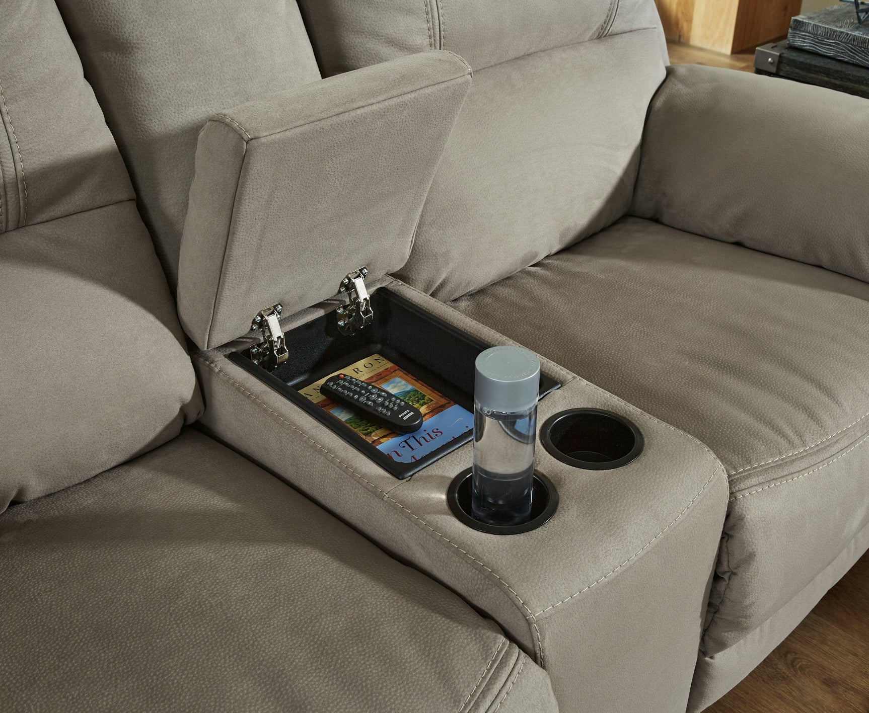 Next-Gen Gaucho putty microfiber reclining loveseat close-up of console with cup holders