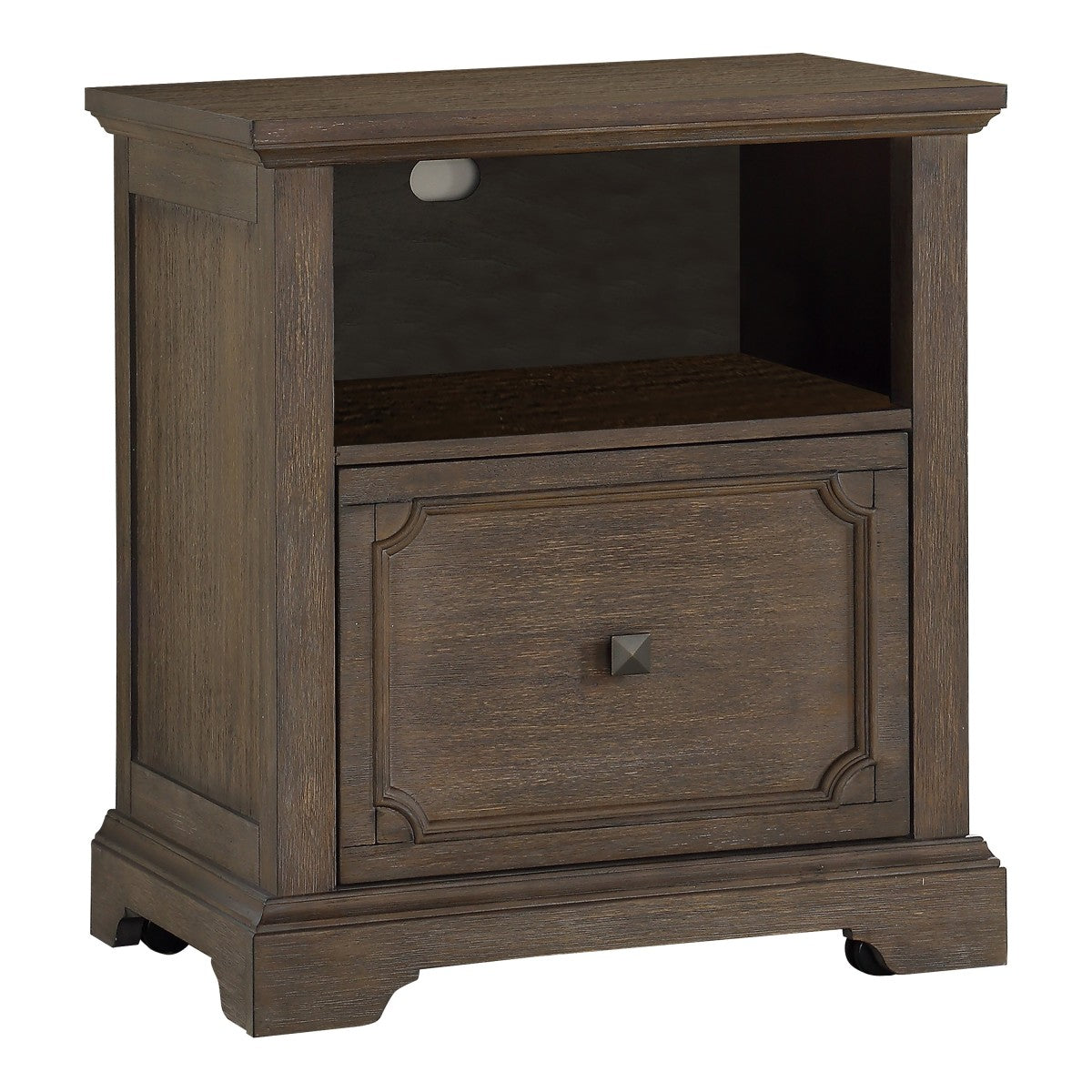 Side view of Toulon dark oak file cabinet showing storage cubby
