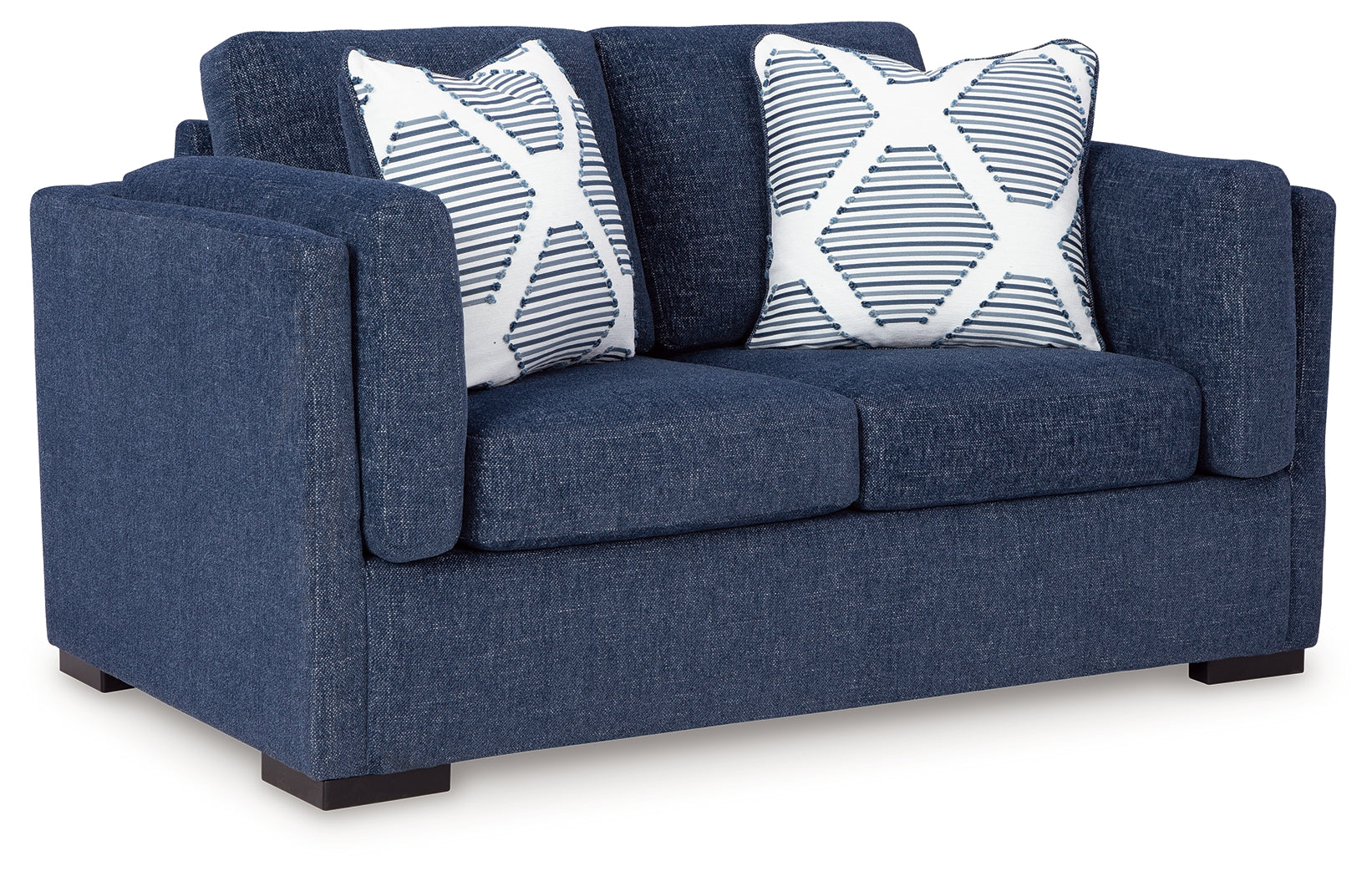 Evansley Navy Nuvella® Loveseat 35 degree side view