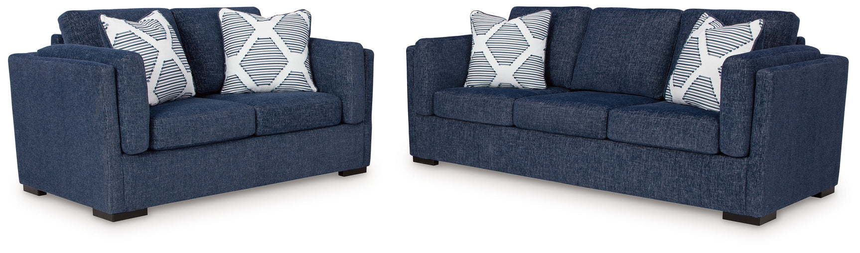 Evansley Navy Sofa and Loveseat side view