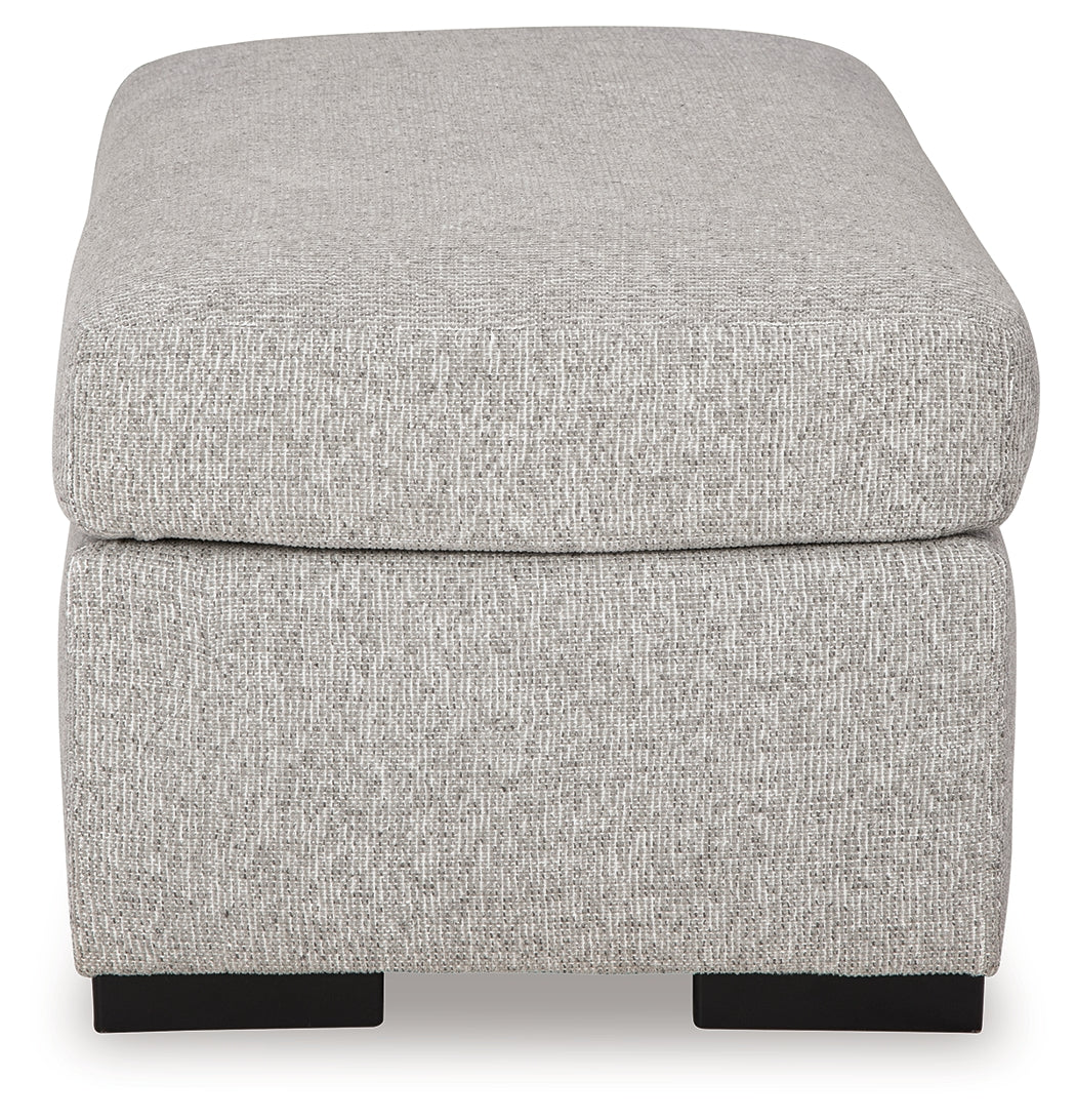 Close-up of pewter Next-Gen Nuvella® fabric texture on ottoman