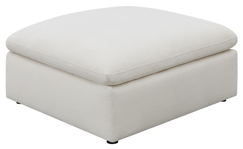 Side view of Hobson off-white cushion seat ottoman showing curved legs