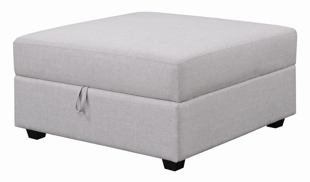 Cambria Grey Square Storage Ottoman angled side view