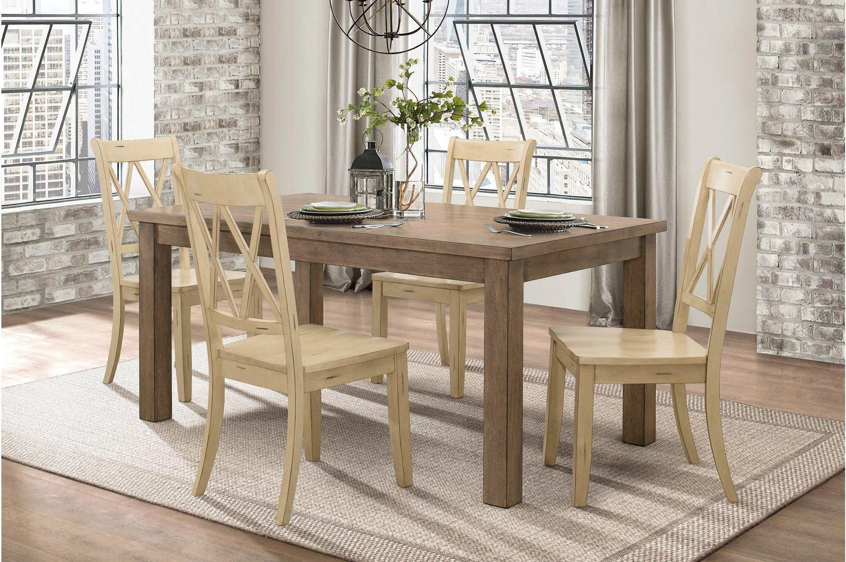 Detail view of Janina Natural Teal Rectangular Dining Set wood and finish