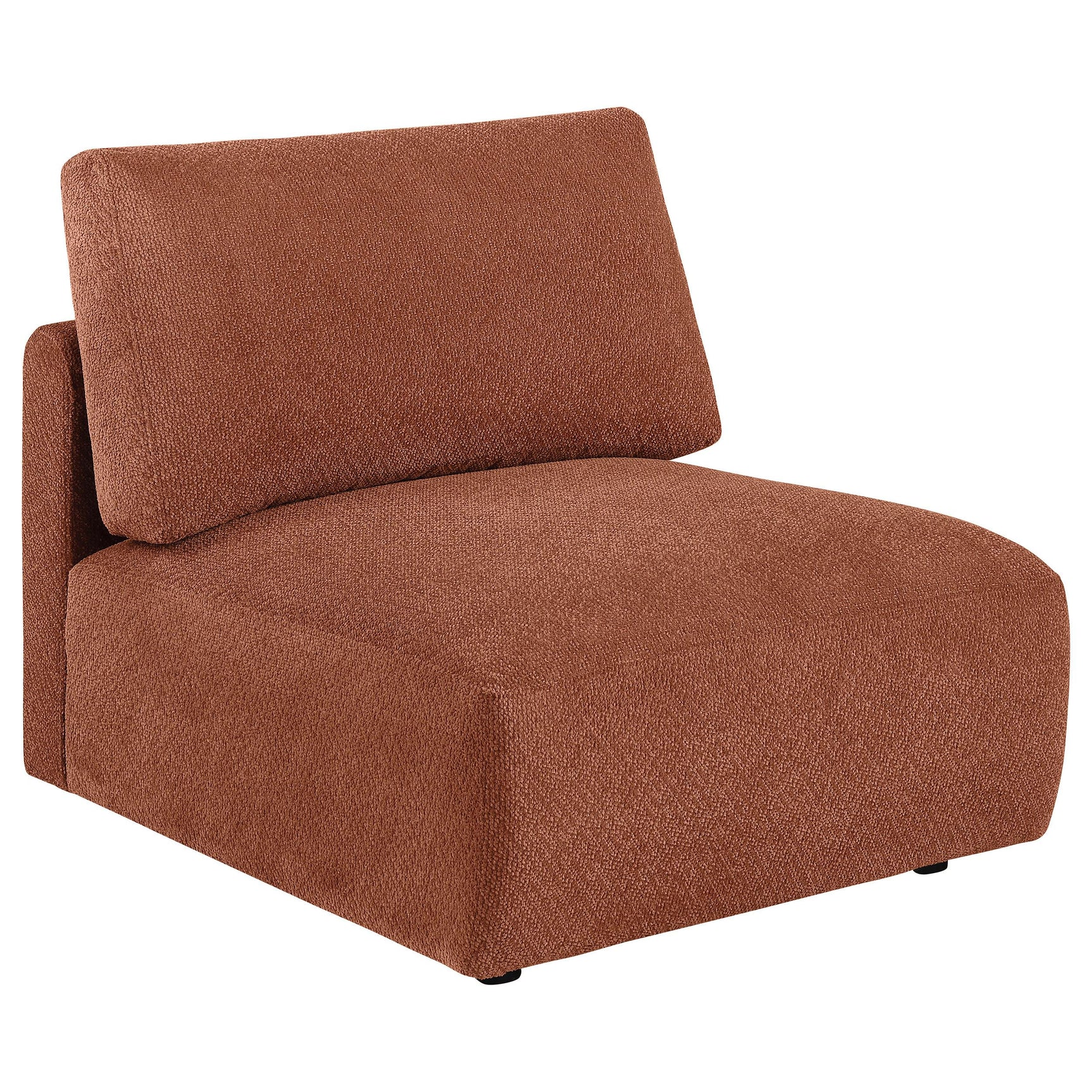 Side perspective of coral chenille modular sectional