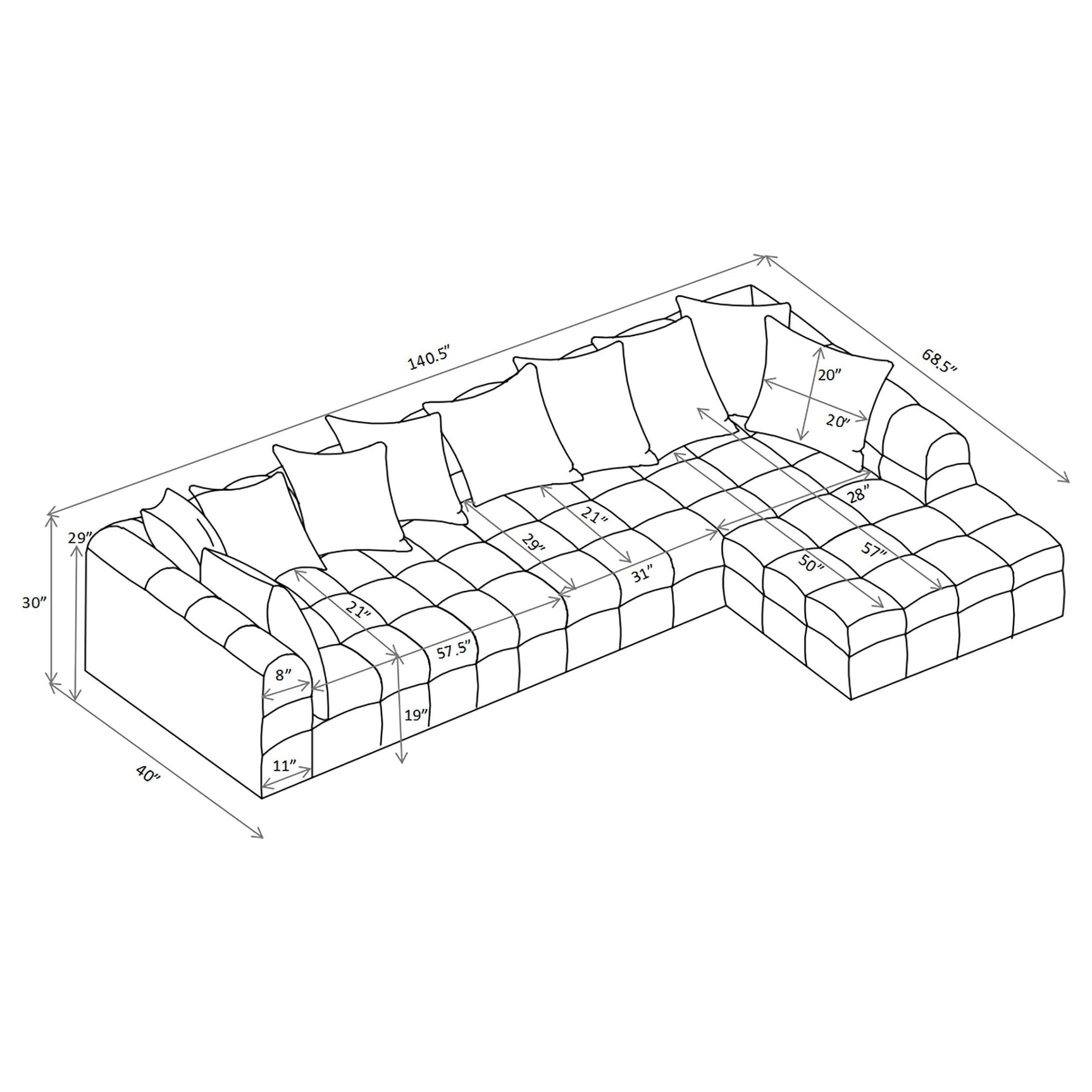 Front angled view of Amara upholstered sectional sofa