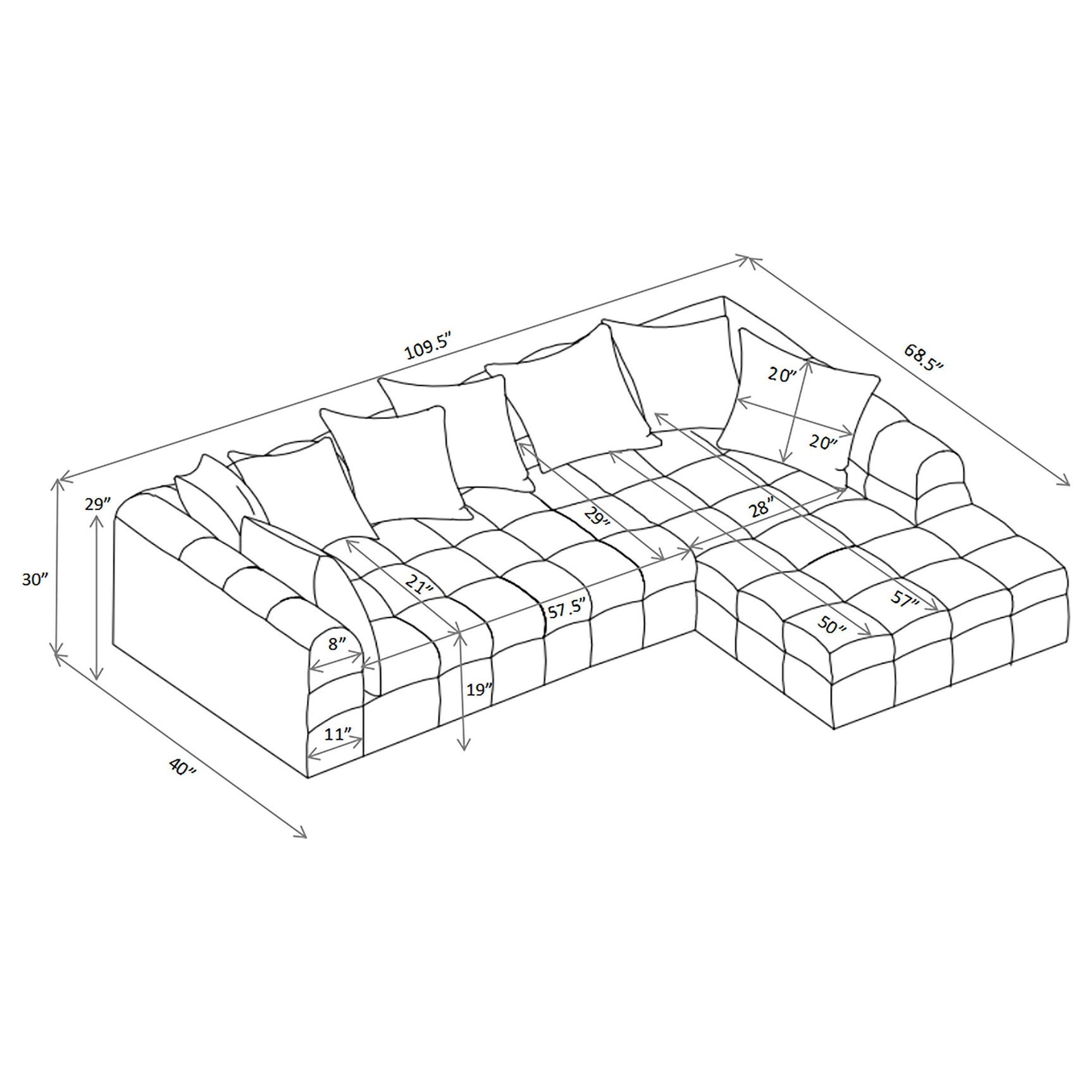 Living room view with Amara 2-piece upholstered sectional sofa