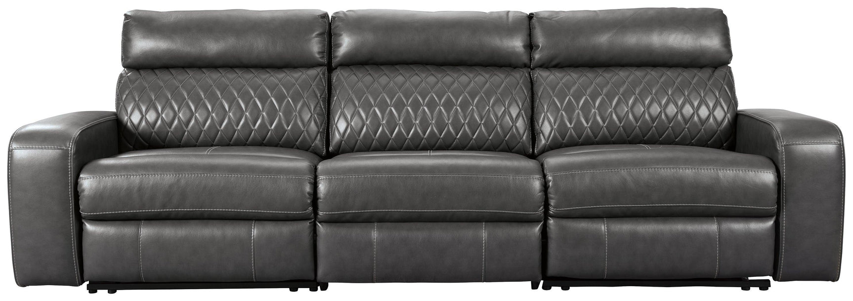 Samperstone sectional close-up of diamond stitch detail in gray faux leather