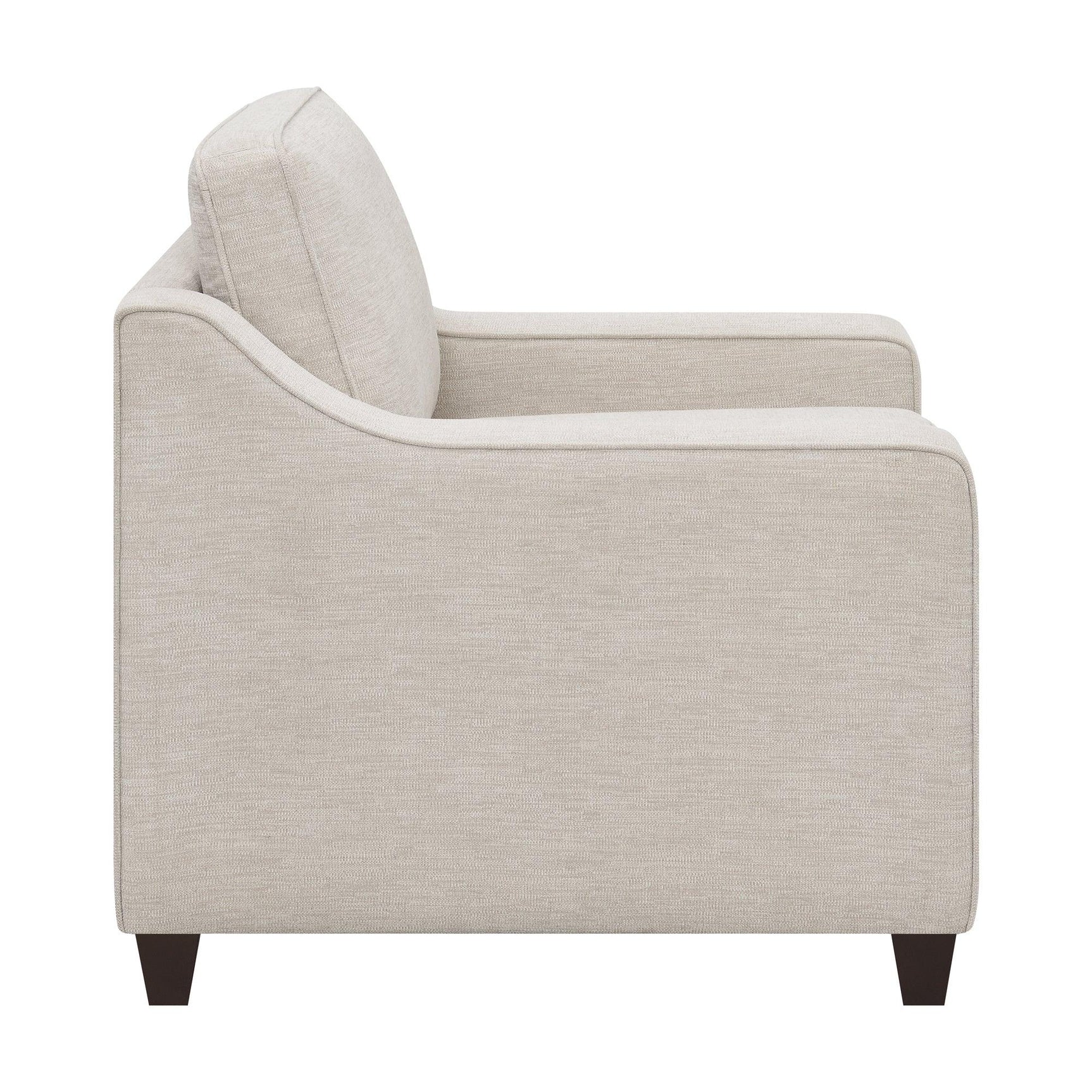 Closeup of beige woven chenille upholstery on Christine chair