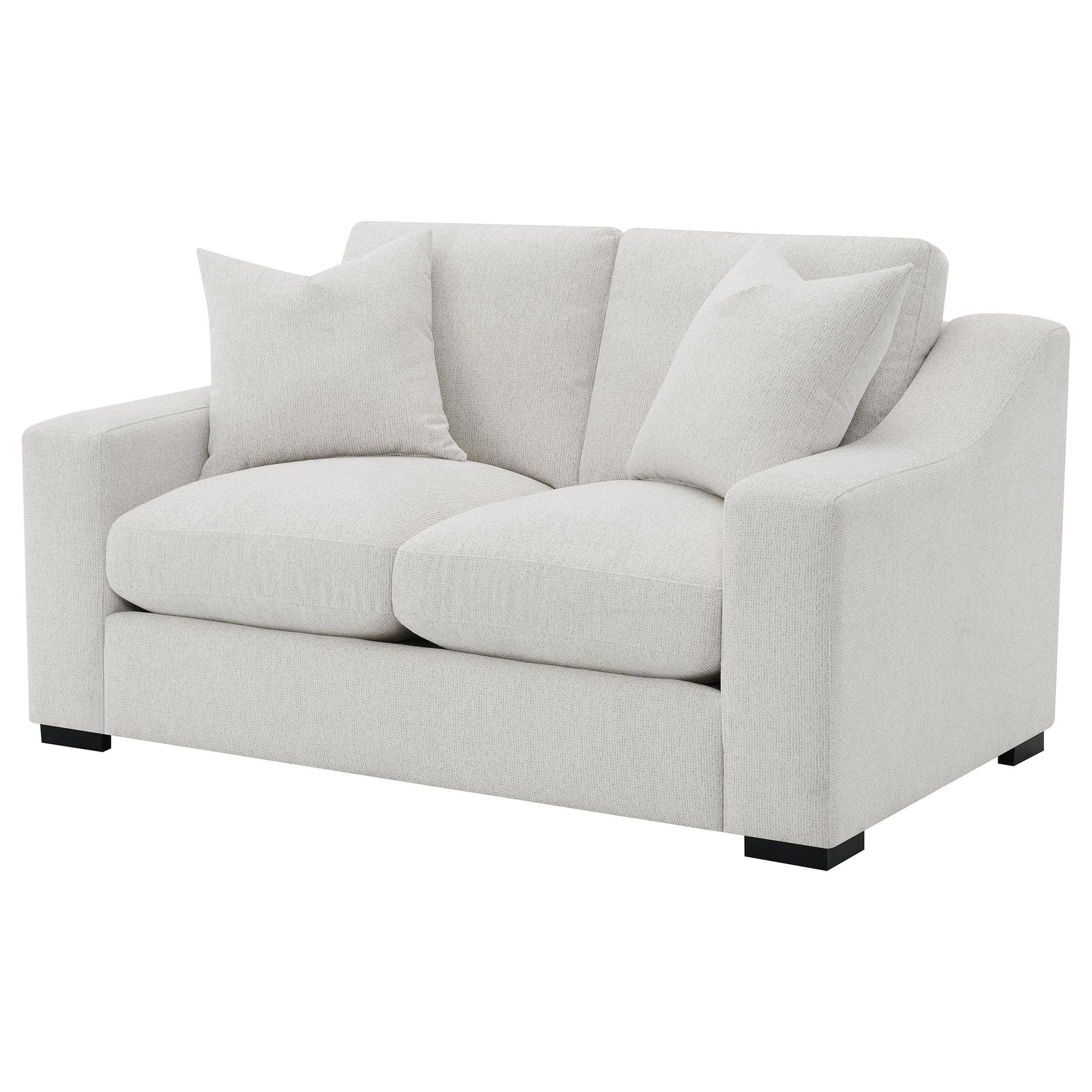 Ashlyn loveseat angled view with accent pillows