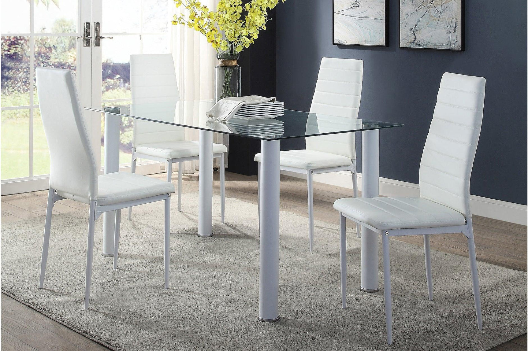main view of Florian White Faux Leather Glass Top Rectangular Dining Set dining table and chairs