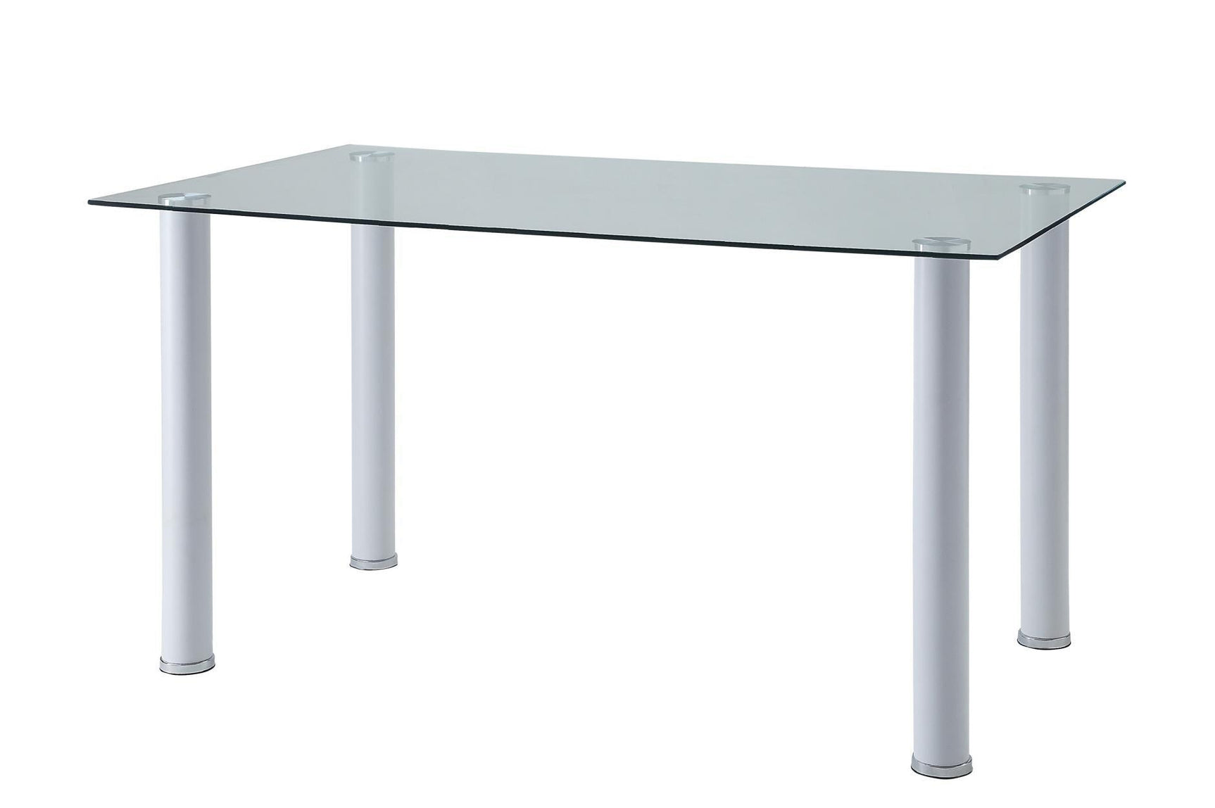 side view of Florian dining set showing glass tabletop and chair upholstery