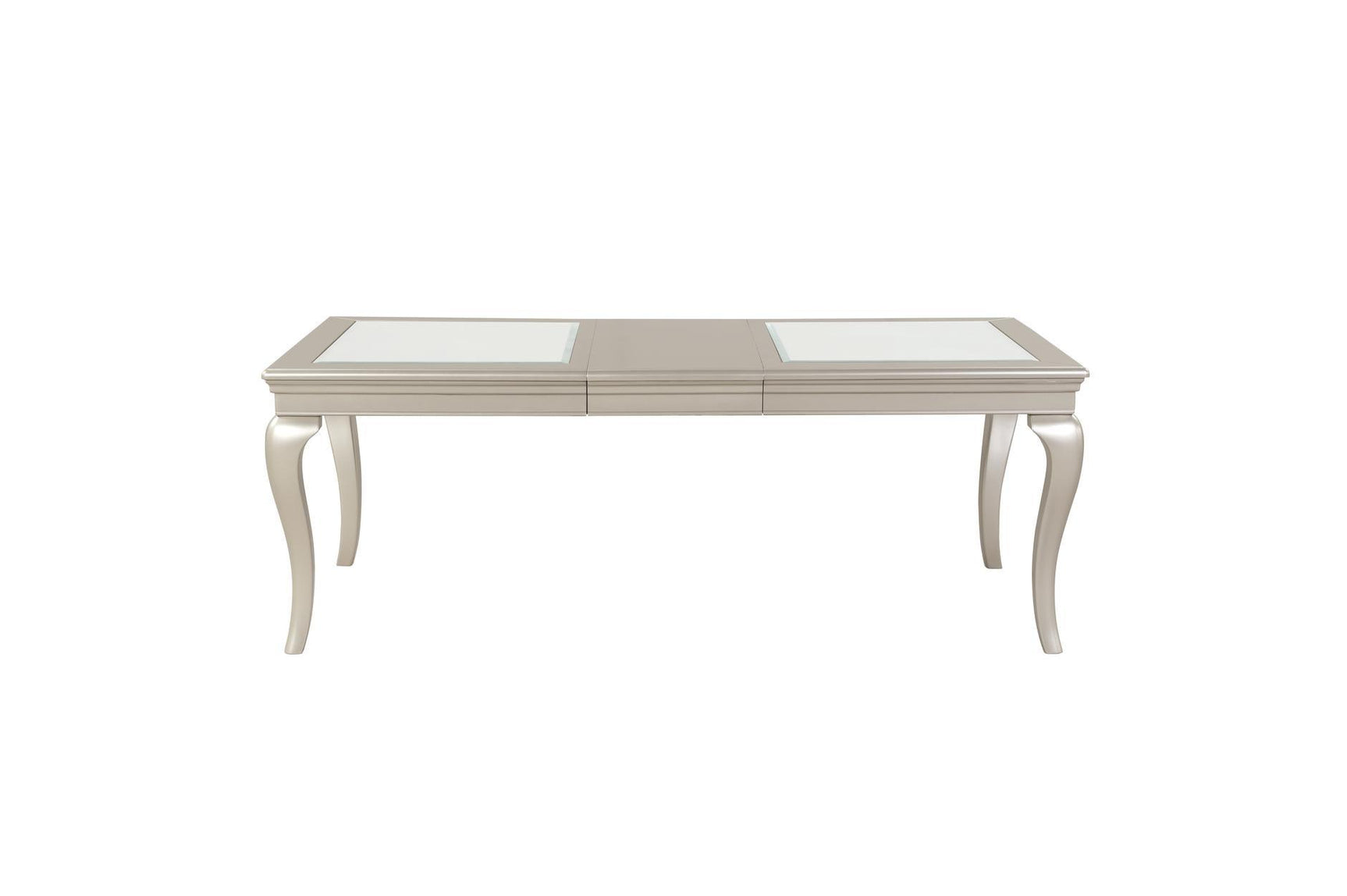 Front detail of rectangular silver dining table