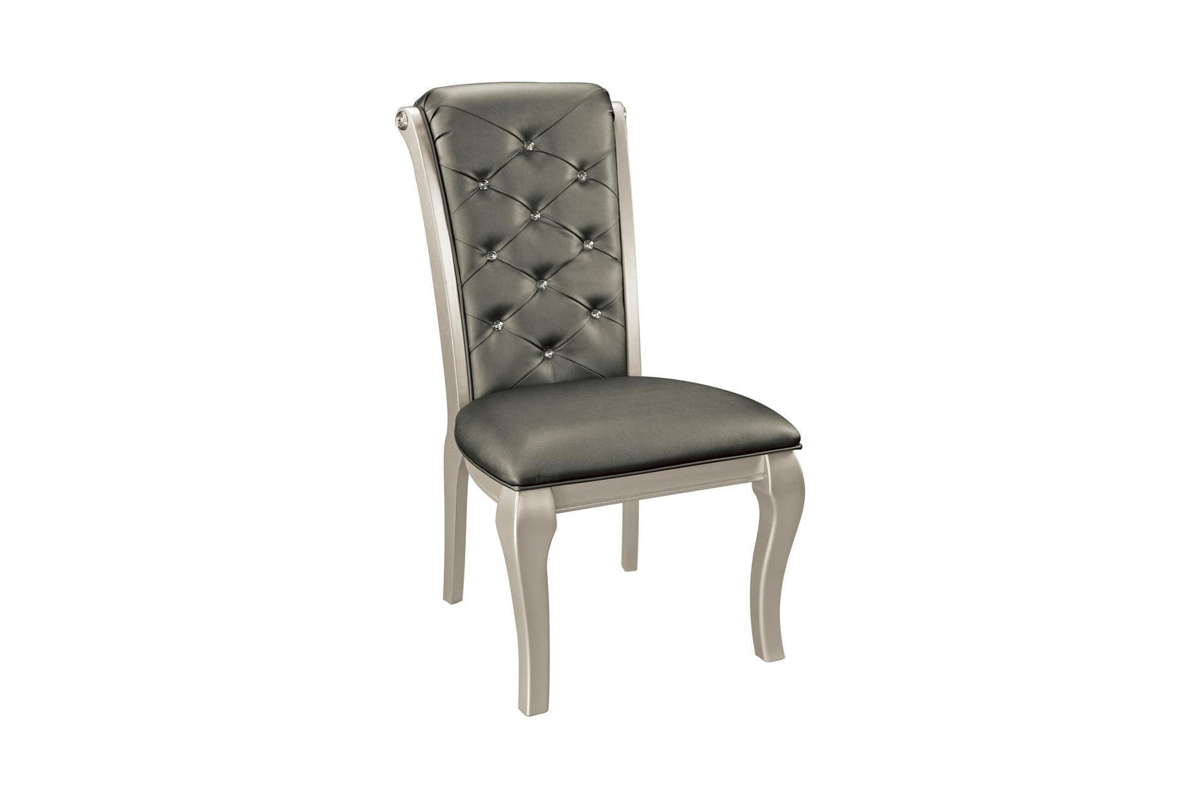 Side chair profile of the tufted silver faux leather