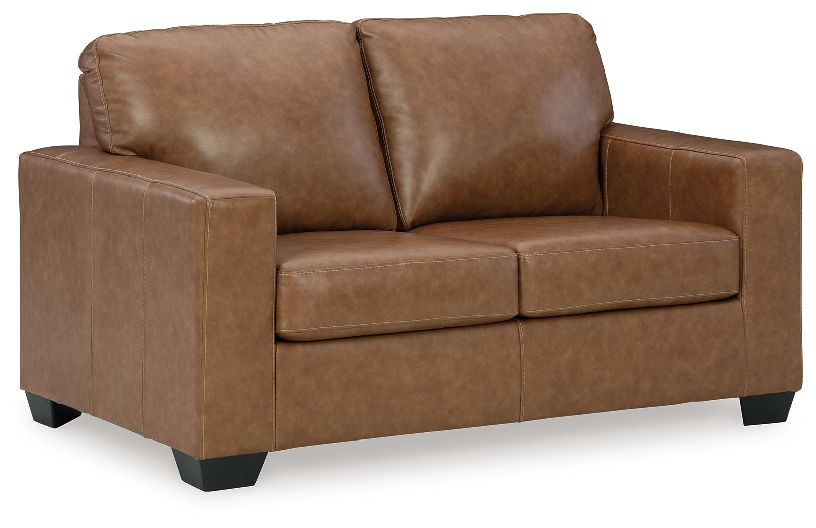 Back view of Bolsena Caramel Leather Loveseat highlighting smooth upholstery and structure