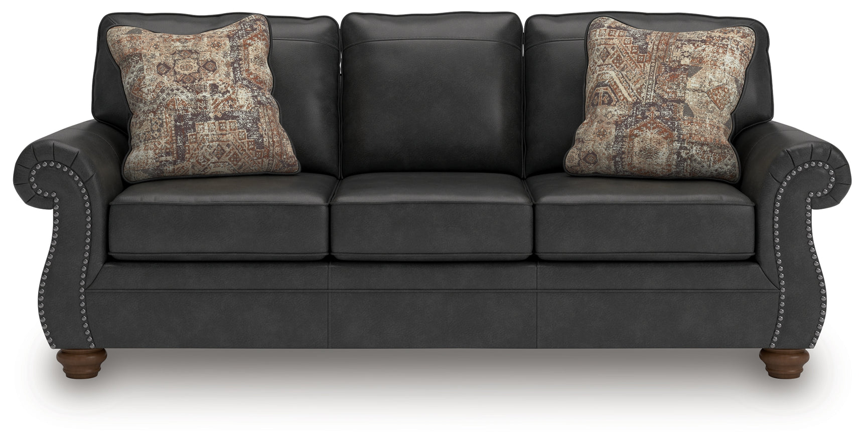 Close-up of jumbo stitching and accent nails on sofa upholstery