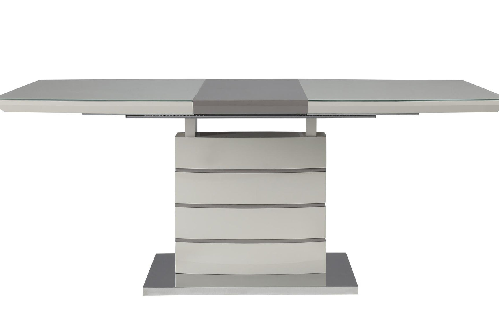 room view of Glissand White Gray Taupe Rectangular Dining Room Set with upholstered side chairs