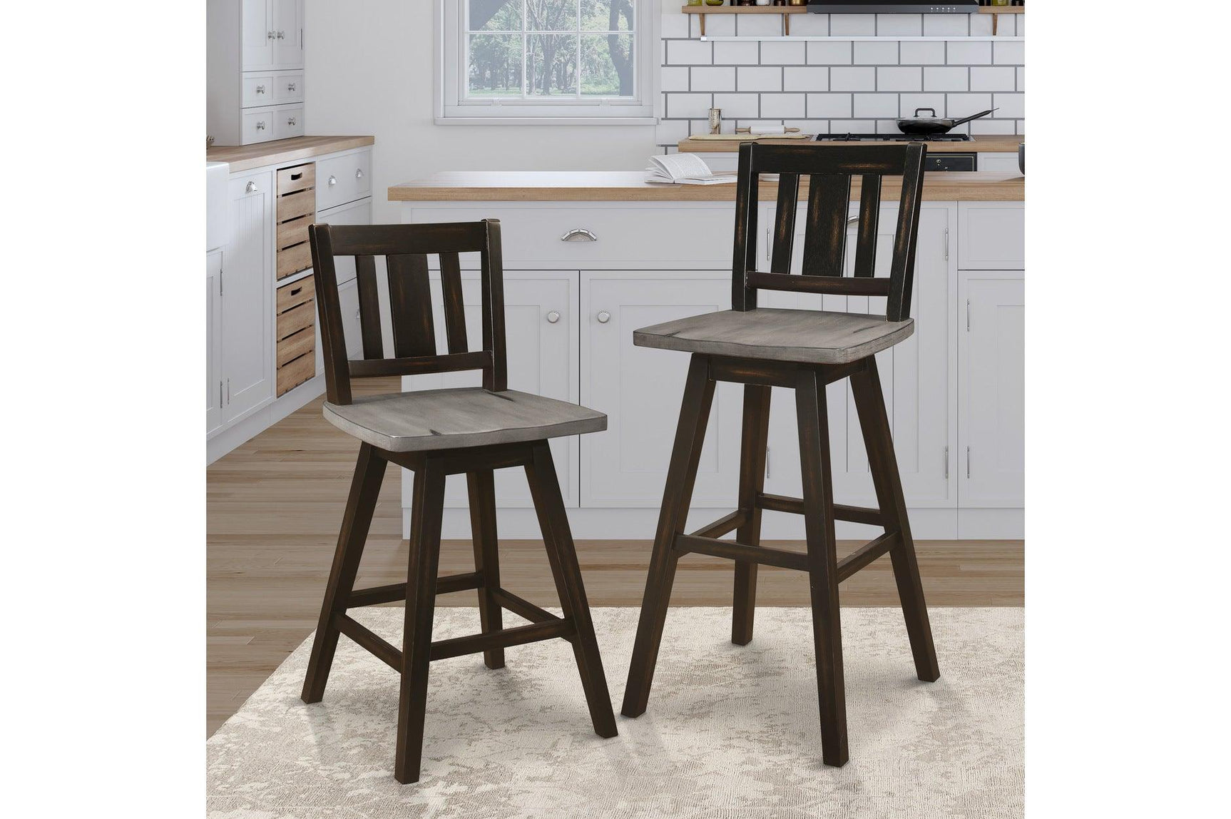 Detail of sand upholstery and black wood finish on dining chair