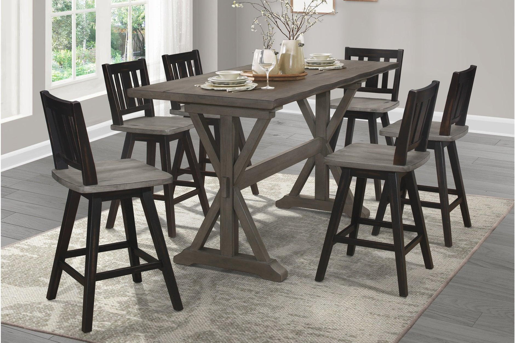 Amsonia Black Sand Upholstered Rectangular Dining Room Set front view showing table and chairs
