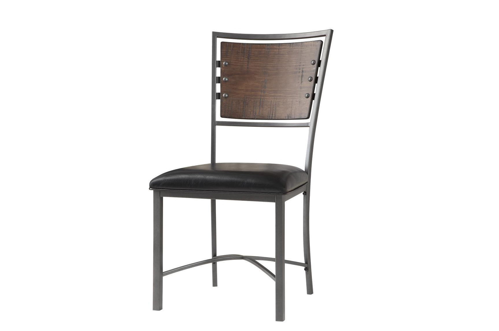 Side detail view of dining chair upholstery and metal frame