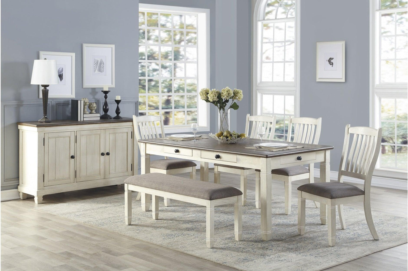 Granby Antique White Rosy Brown Fabric Counter Height Storage Dining Set room view