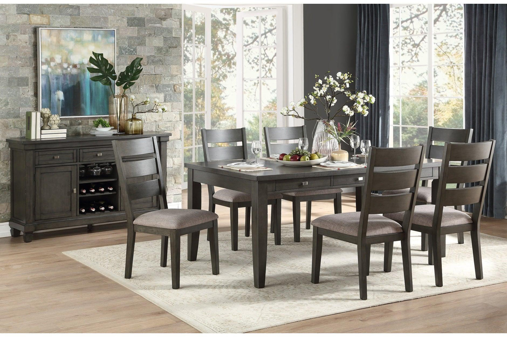 Room view of Baresford gray fabric storage dining room set showing table and chairs