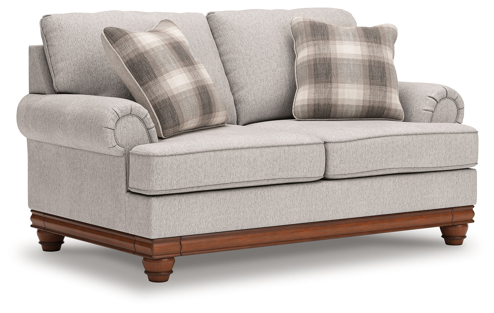 Clearbrooke loveseat head-on view showing cushions and legs