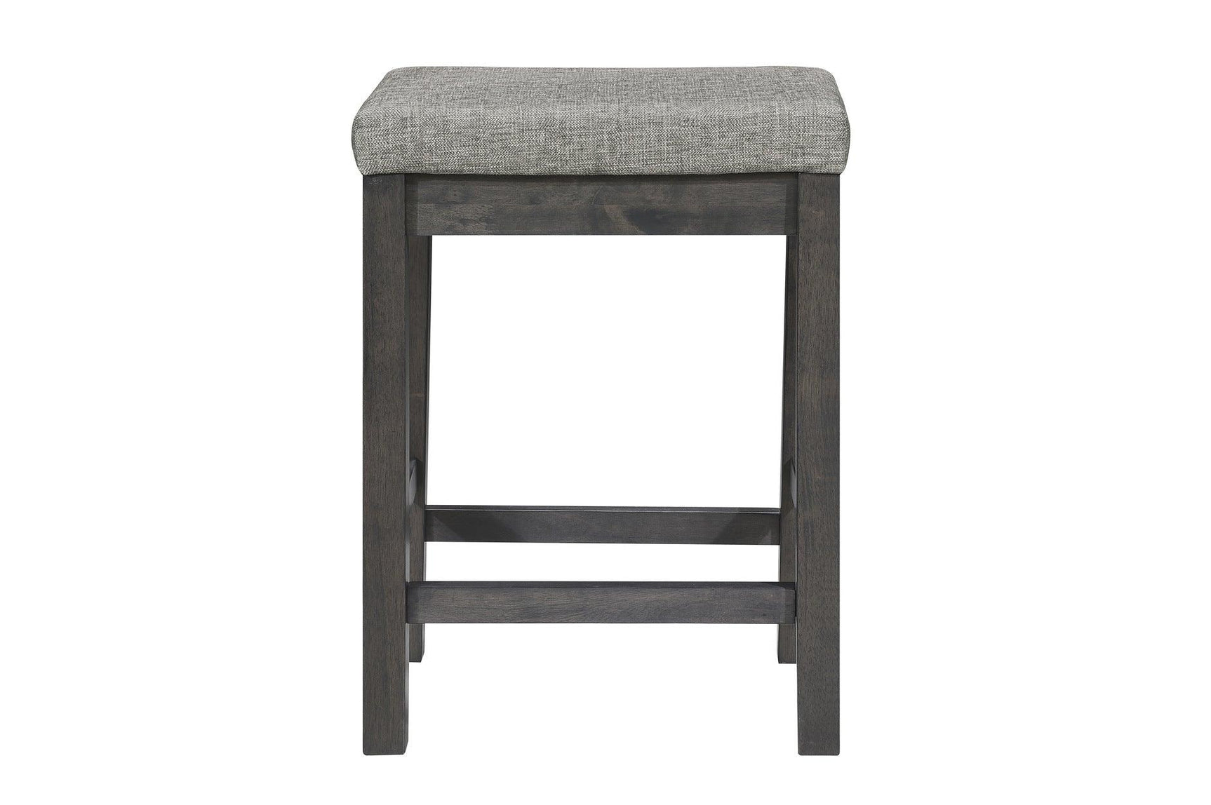 Front view of dining chair with gray fabric upholstery