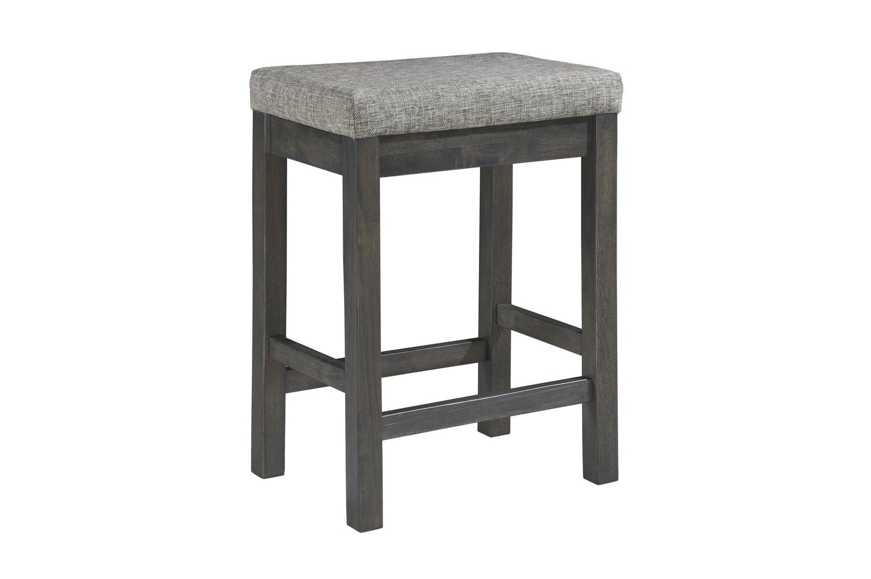Side view of dining chair with gray fabric upholstery
