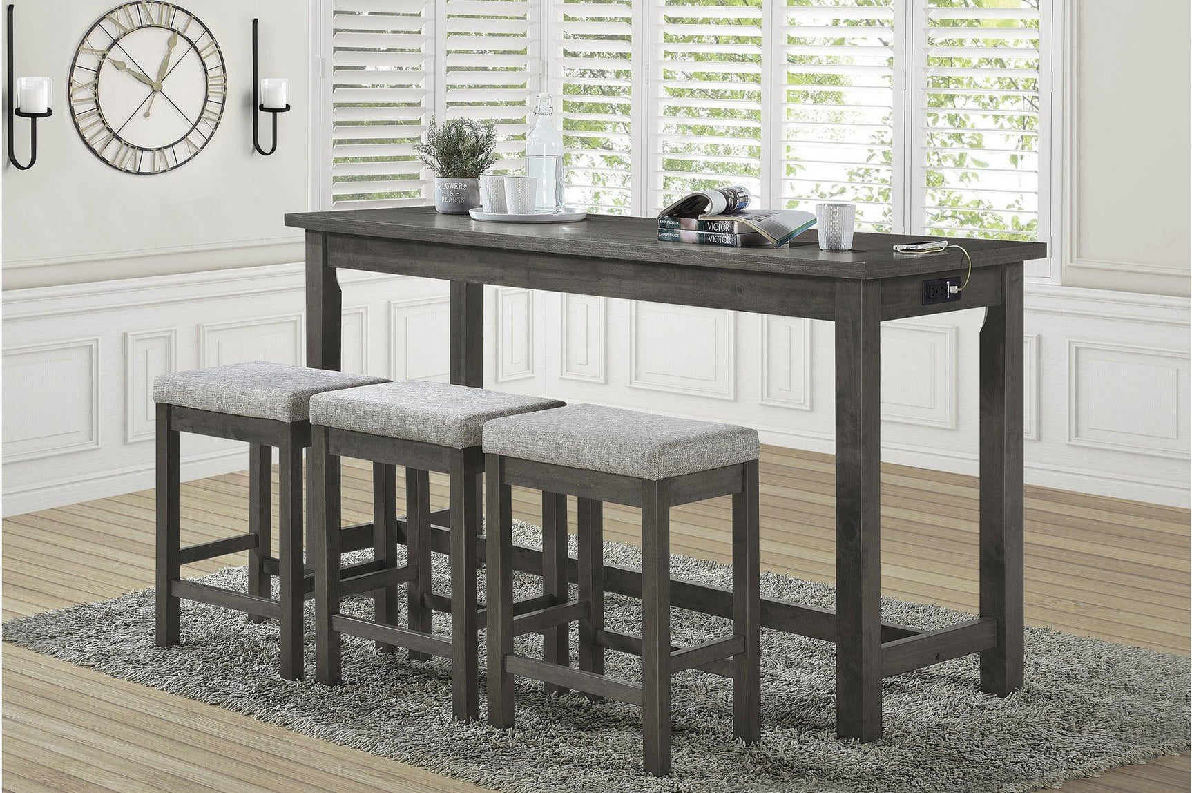 Front view of Connected Gray Fabric Rectangular Counter Height Dining Set