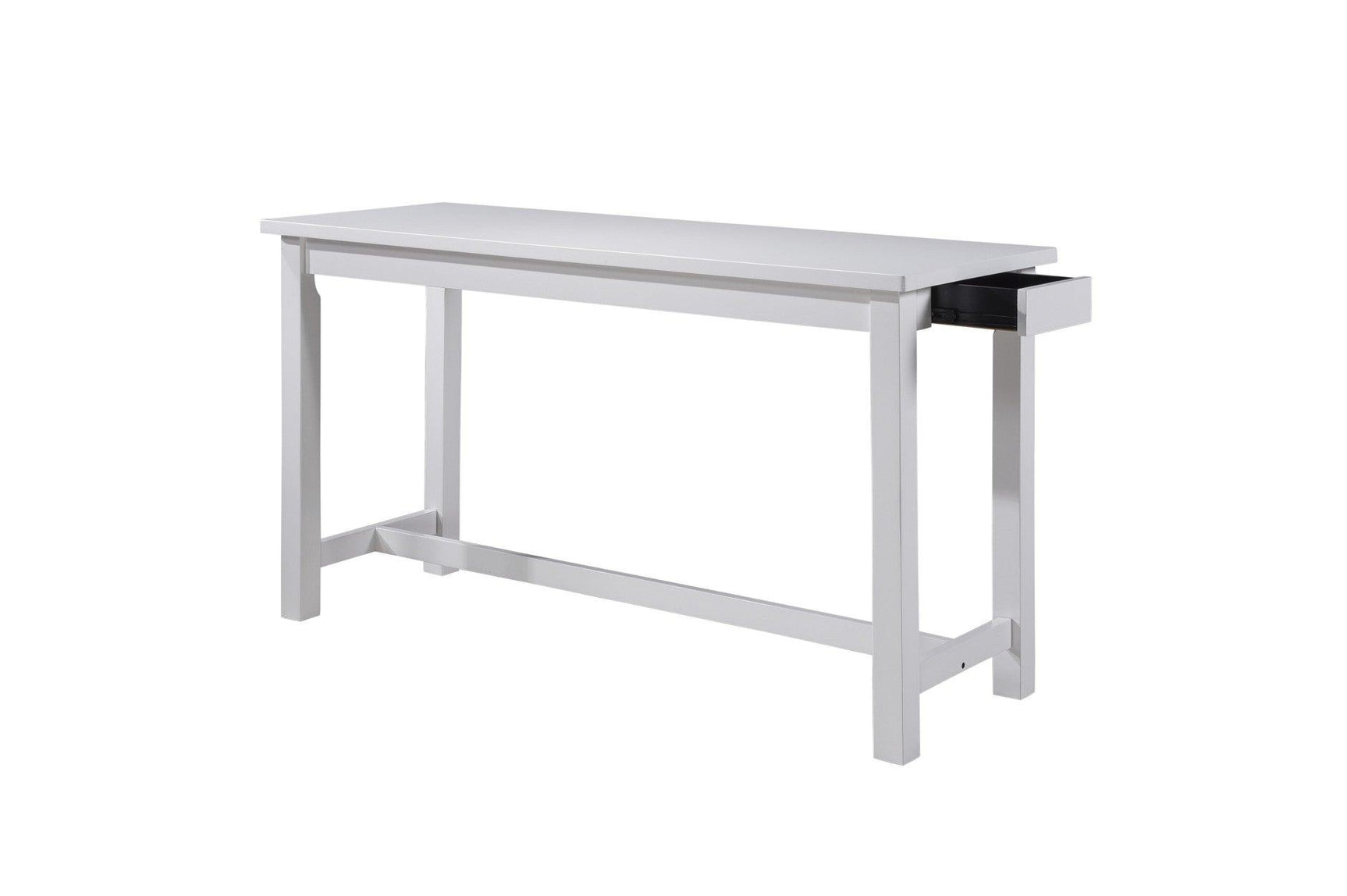 Connected White Fabric Rectangular Counter Height Dining Set with drawer detail