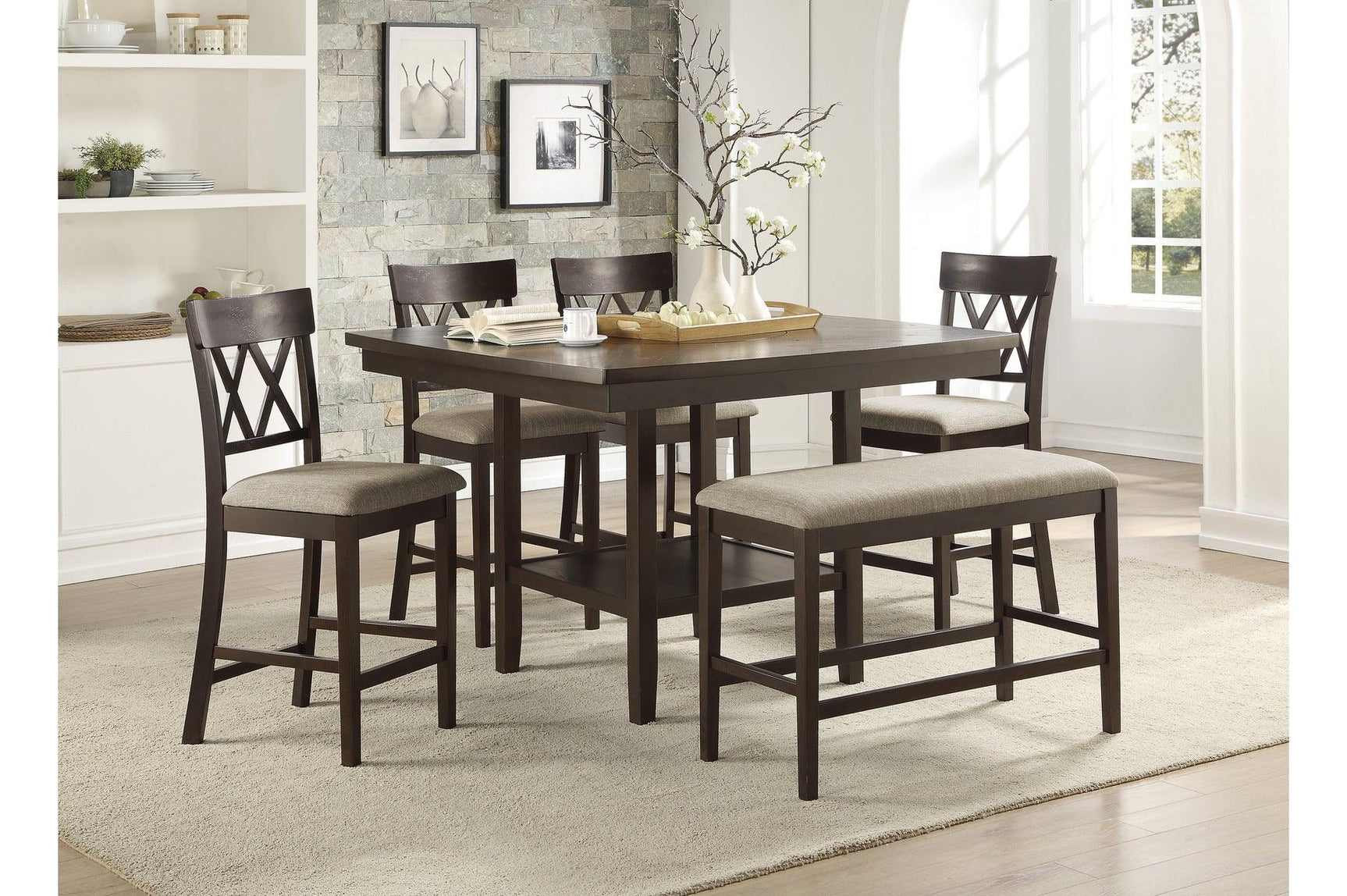 Side view of Balin brown fabric upholstered rectangular counter height dining set