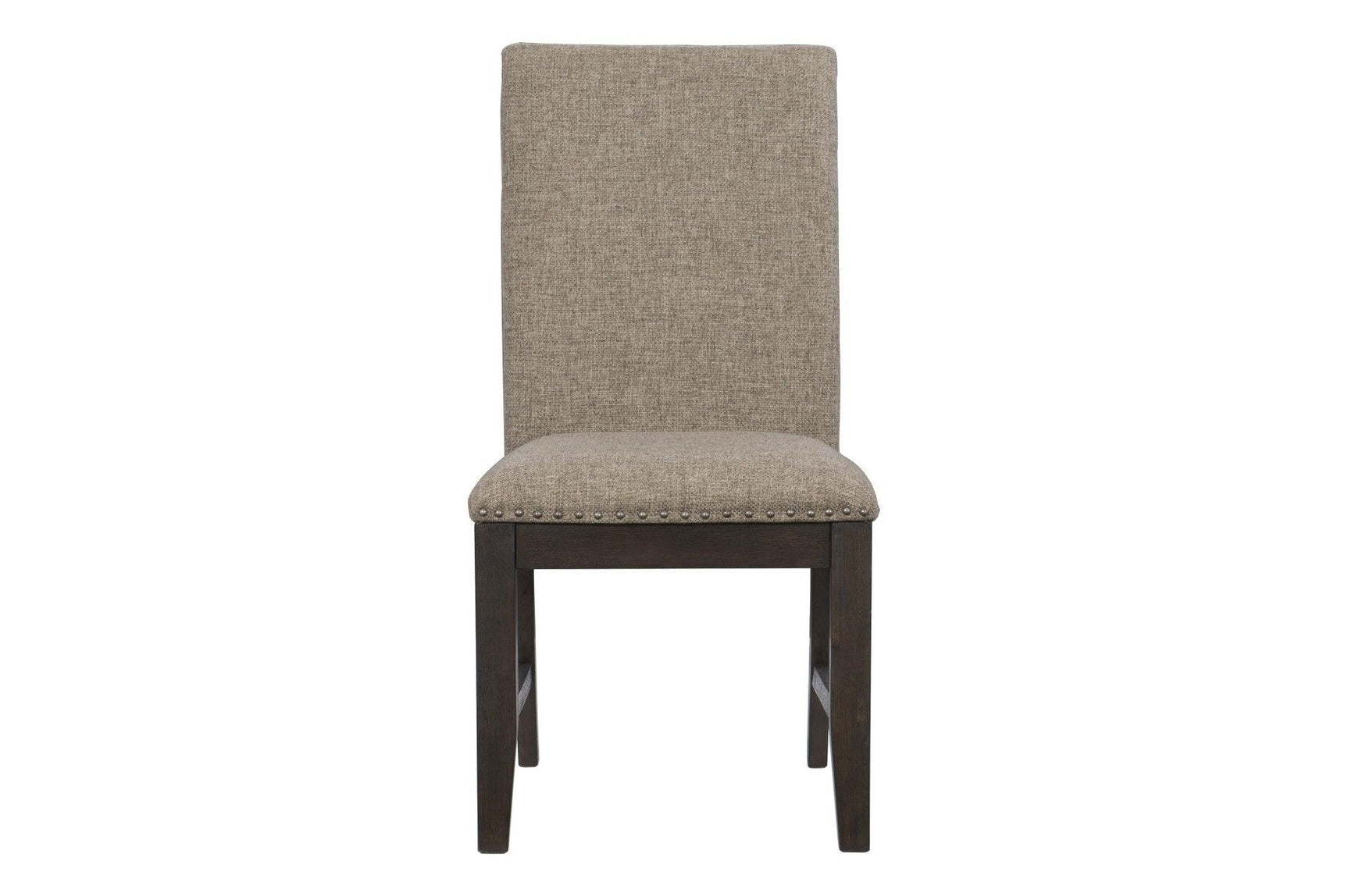 Back view of fabric side chair showing wood frame