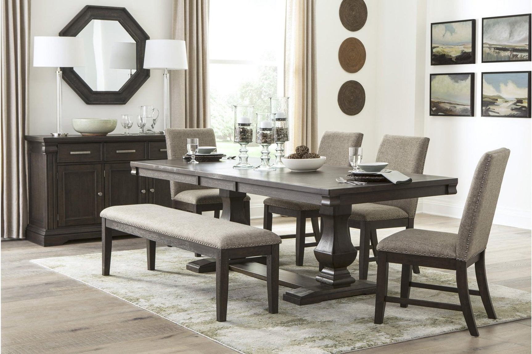 Southlake Dining Room Set main view showing table and 4 fabric-upholstered side chairs