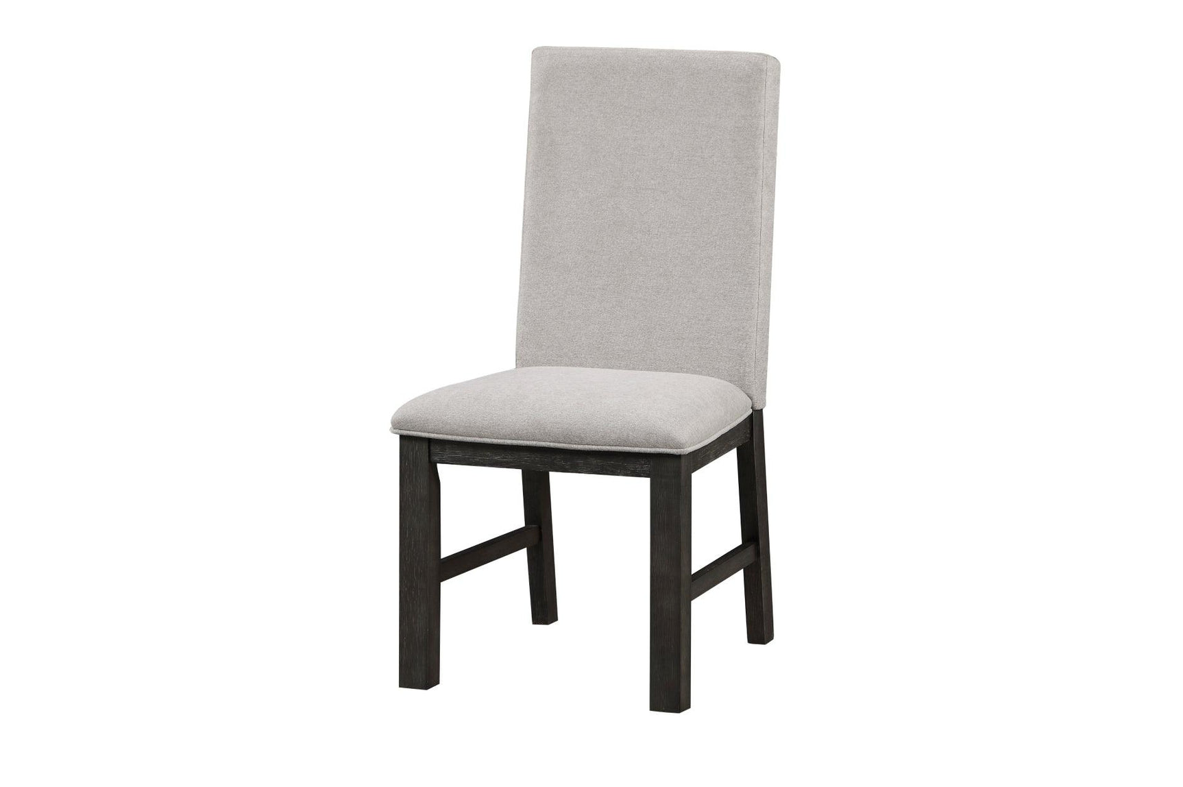 side detail of chair gray fabric and wood legs