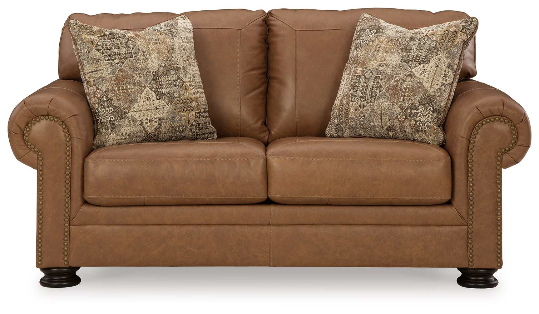 side angle of loveseat in caramel upholstery