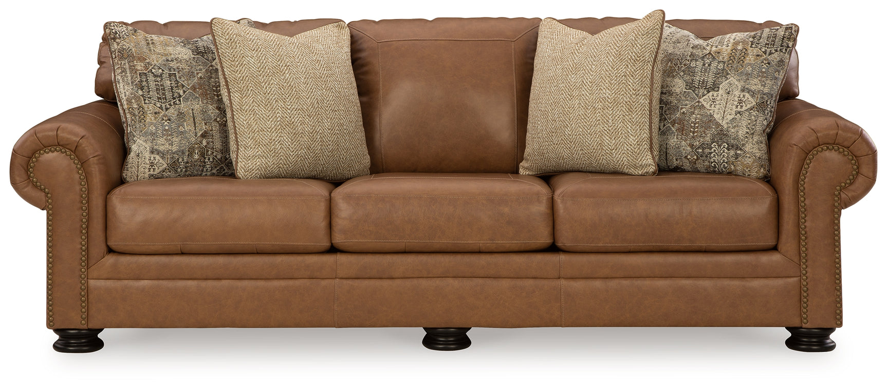 head-on view of caramel loveseat