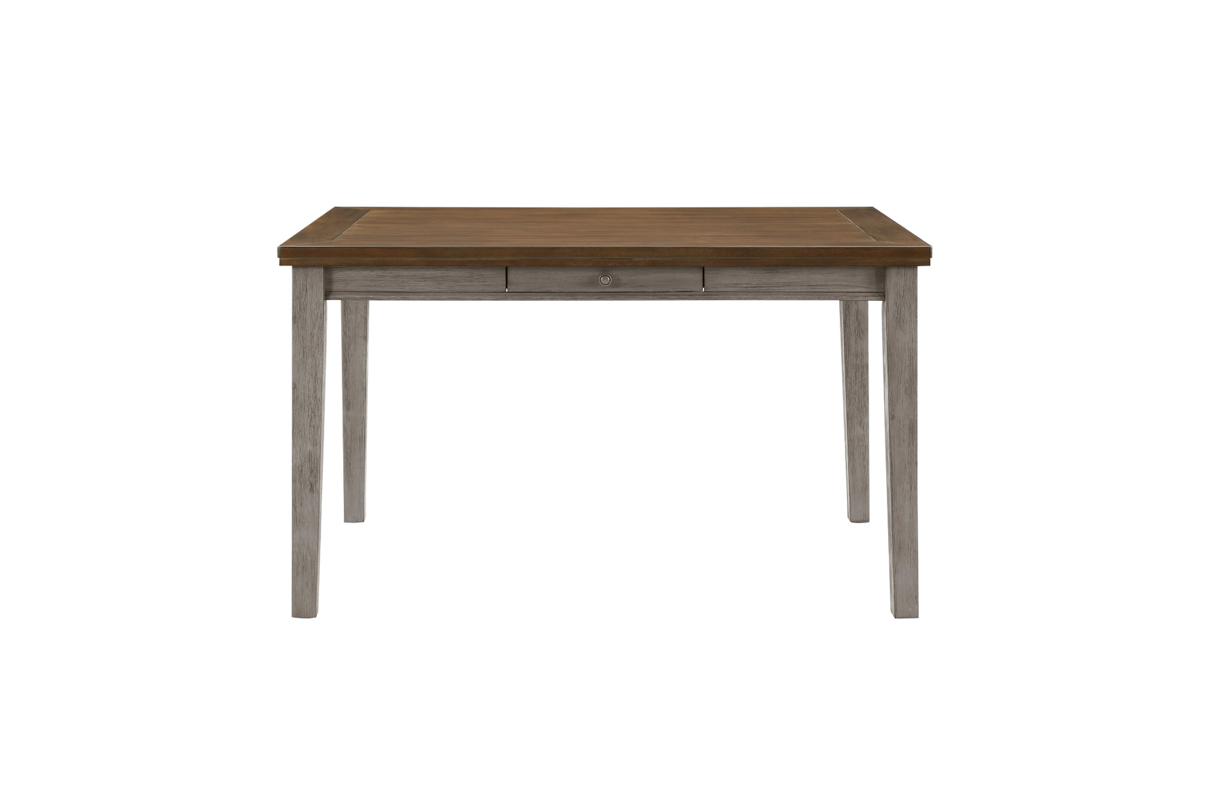 Detail view of Tigard Gray Counter Height Set upholstery and table surface