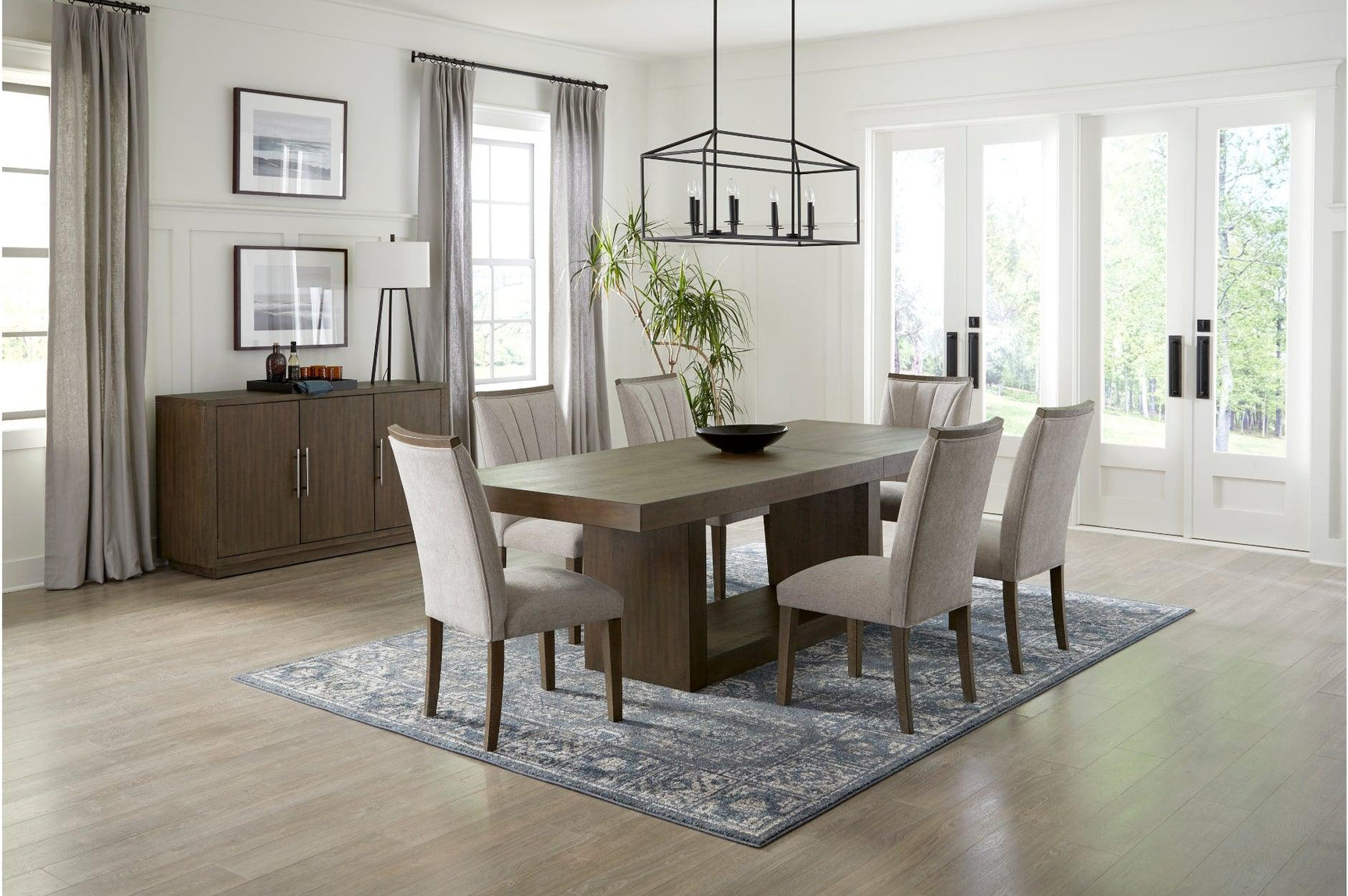 main view of Brookings Brown Beige Fabric Dining Table with chairs