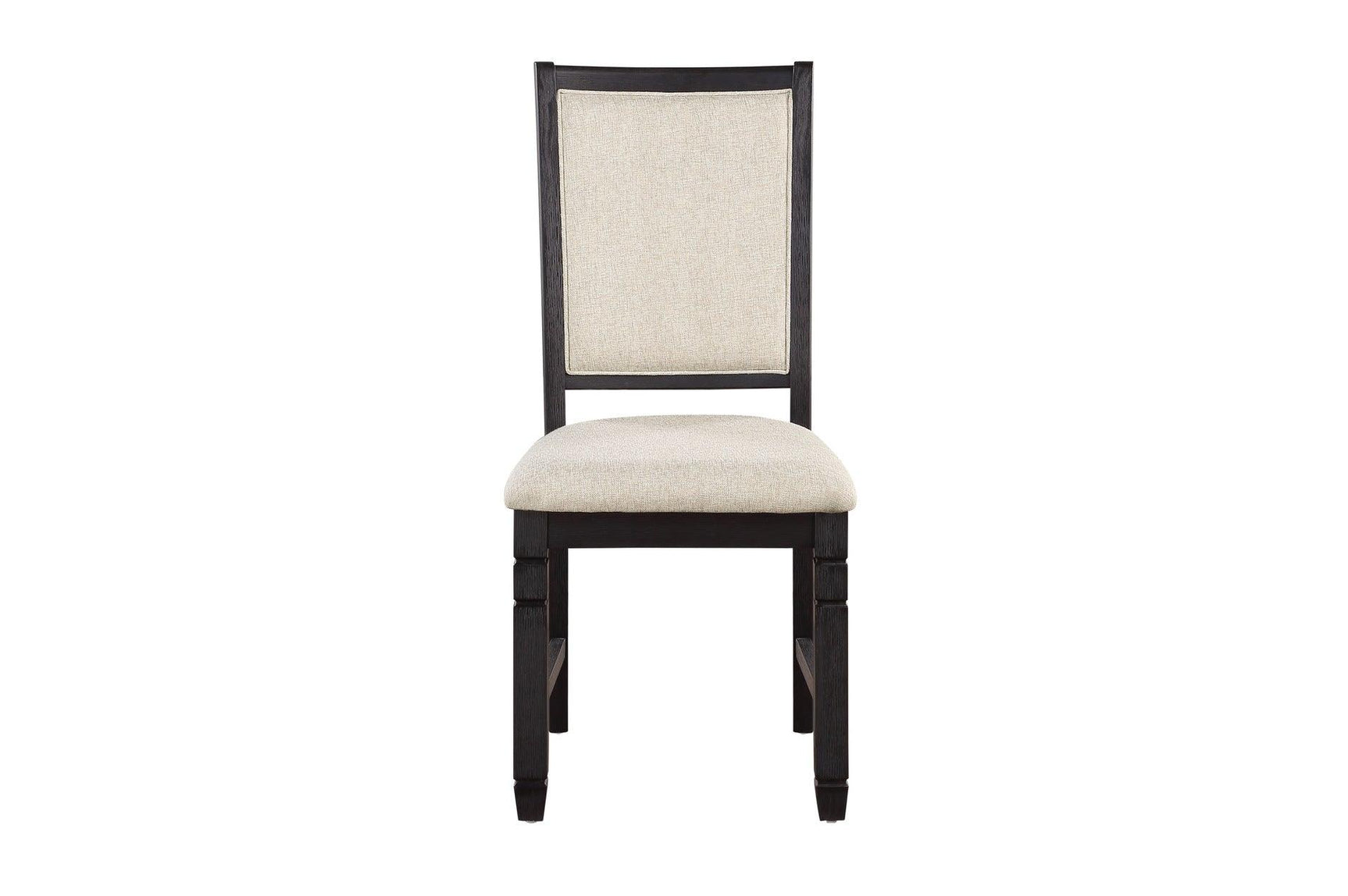 Front view of Asher Beige fabric upholstered side chairs and round table