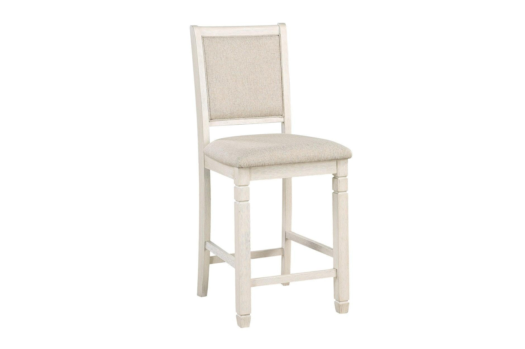 side view detail of light brown fabric chair and white table base